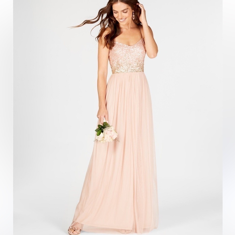 ADRIANNA PAPELL Womens Maxi Sequin Flowy Gown Size 14 Wedding Guest Whimsical